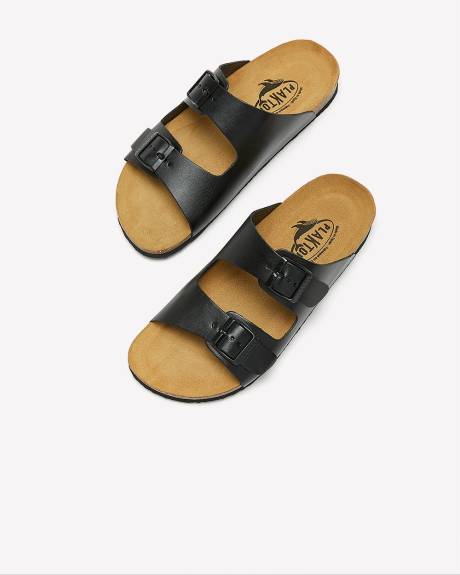 Wide-Width, Black Jess Double Band Leather Sandal - Plakton