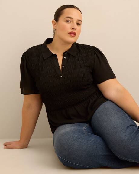 Responsible, Smocking Fit and Flare Blouse with Shirt Collar