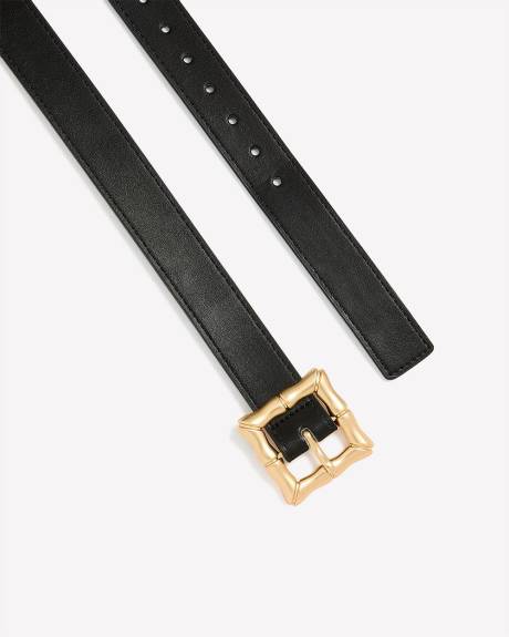 Black Faux Leather Belt with Square Bamboo Buckle