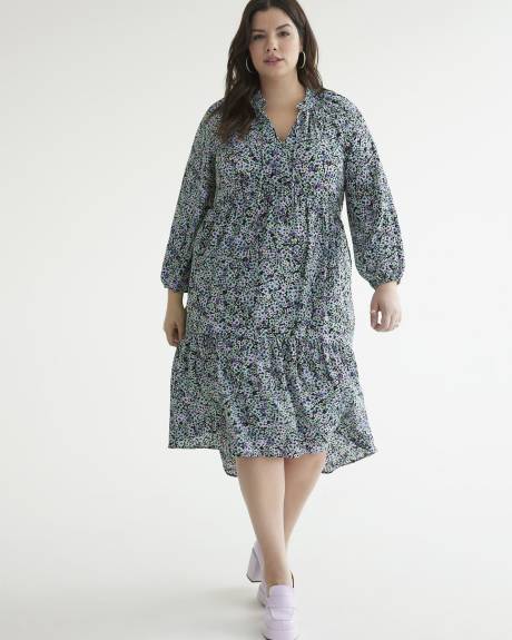 Printed Long-Sleeve Midi Tiered Dress