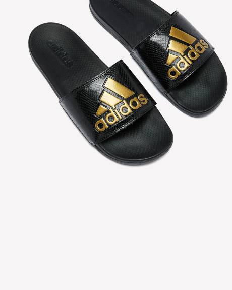 Regular Width, Black Adilette Comfort Slides with Metallic Logo - adidas