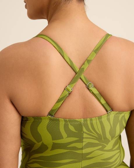 Haut tankini vert froncé style bandeau à motif de feuillage