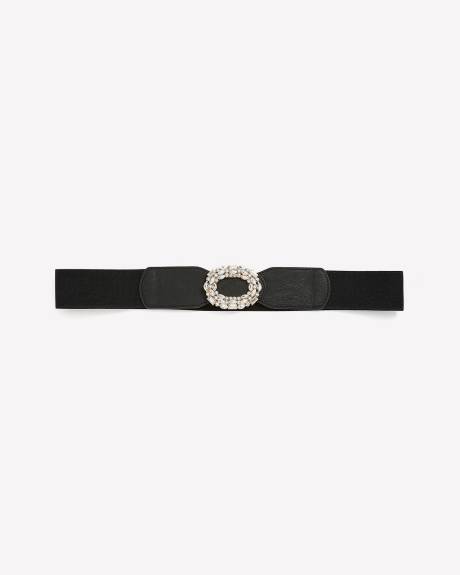 Ceinture élastique noire avec boucle ovale ornée de pierres