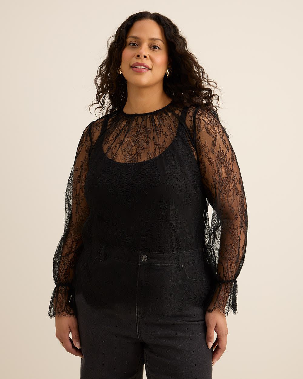 Black Lace Crewneck Blouse