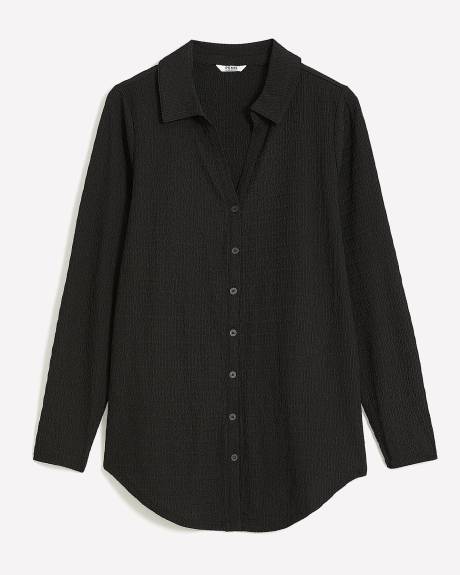 Black Textured Knit Buttoned Down Shirt