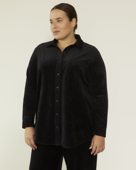 Ribbed Velvet Button-Down Shirt with Chest Pocket - Active Zone