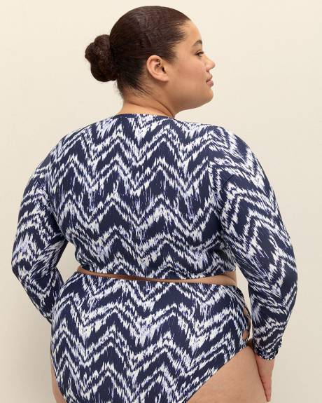 Herringbone-Print Long-Sleeve Crop Rashguard with Built-In Bra