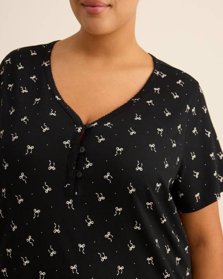 Long Black Short-Sleeve Knit Sleepshirt with Bow Print - ti Voglio Long Black Short-Sleeve Knit Sleepshirt with Bow Print - ti Voglio