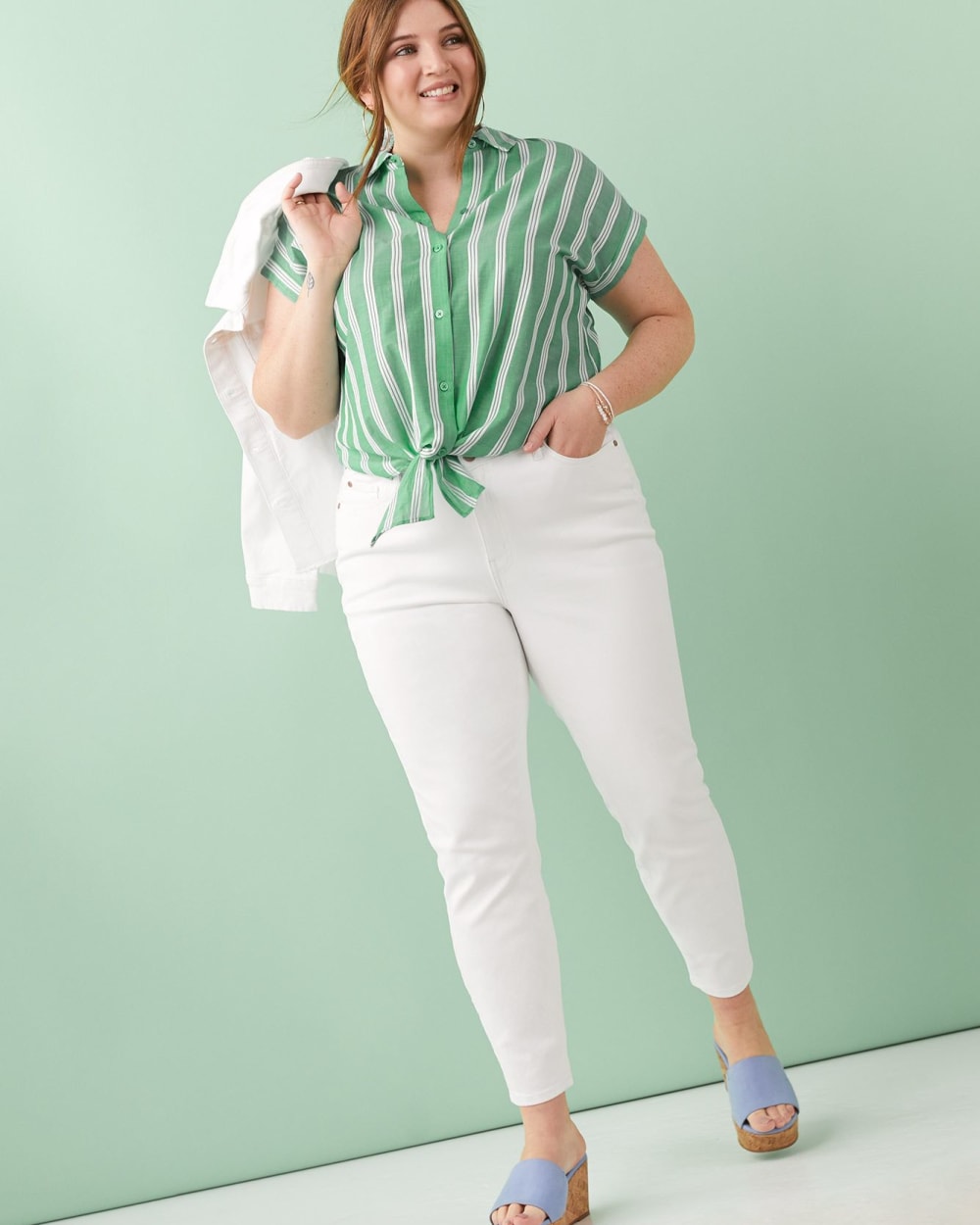 Striped Tie Front Woven Shirt Blouse - Addition Elle | Penningtons
