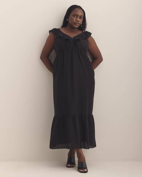 Robe étagée noire sans manches avec volants, tissu responsable