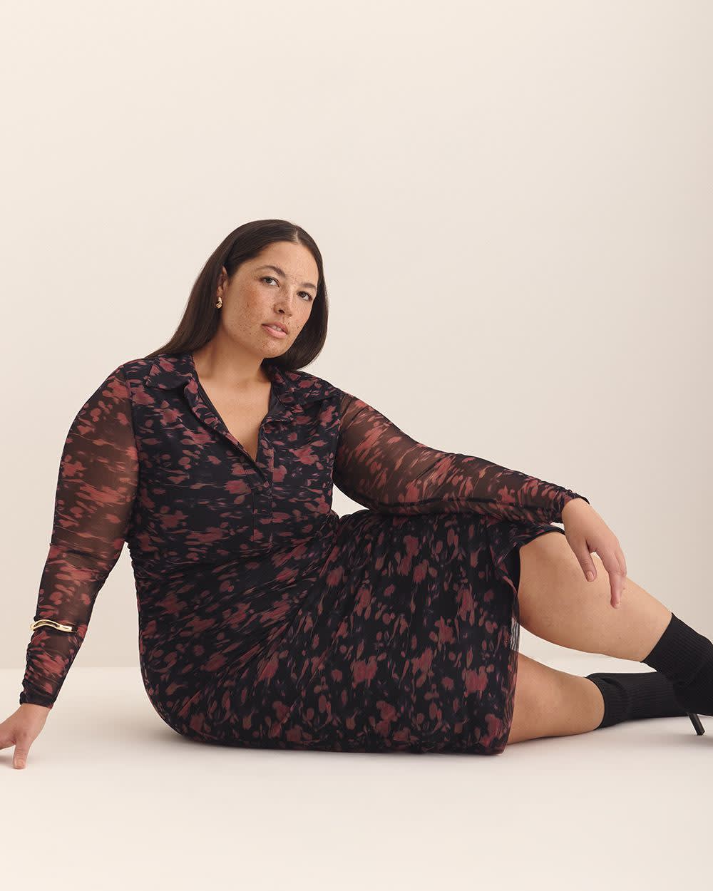 Black Floral Shirt-Collar Mesh Midi Dress - Addition Elle