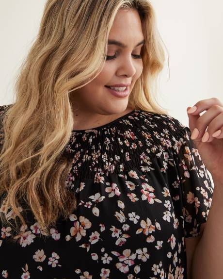 Floral Long Blouse with Smocked Neckline