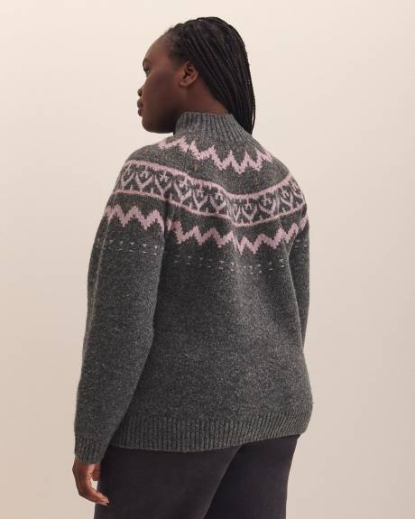 Grey Mock-Neck Sweater with Metallic Fair Isle Print Grey Mock-Neck Sweater with Metallic Fair Isle Print