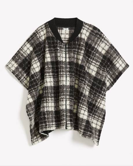 Bouclé Plaid Cape with Front Zipper