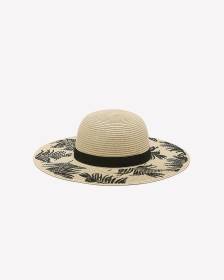 Straw Hat with Wide Leaf-Print Rim