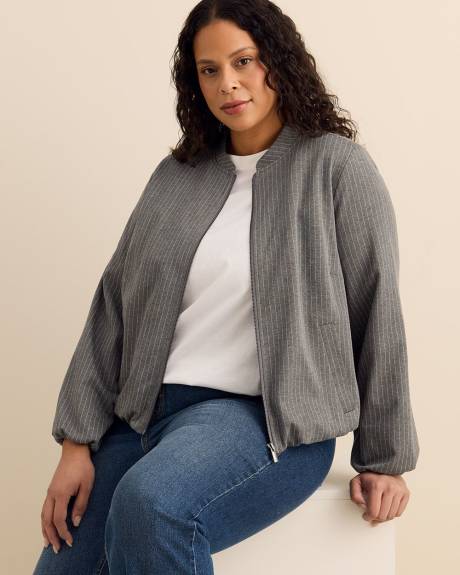 Grey Pinstripe Balloon-Hem Bomber Jacket