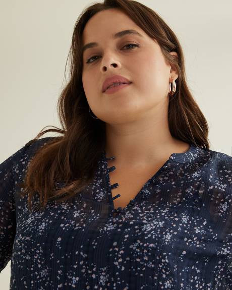 Floral Blouse with Split Neckline and Smocked Cuffs