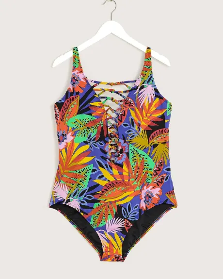 Tropical-Print Lace-Down One-Piece Swimsuit - Bleu Rod Beattie