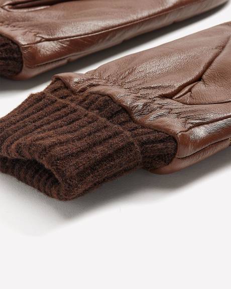 Brown Leather V-Stitch Quilted Mittens with Ribbed Cuffs
