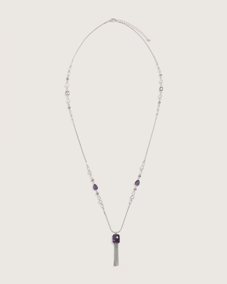 Long collier avec pendentif à pompom et grosse pierre
