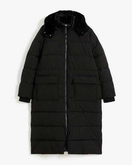 Manteau d'hiver noir matelassé long, tissu responsable