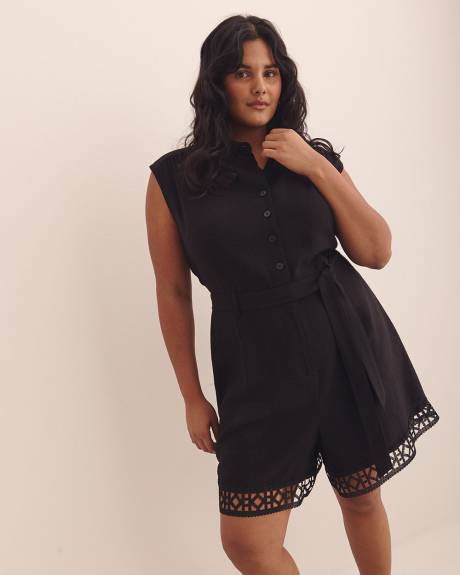 Black Sleeveless Jumpsuit with Fagoting Hem - Addition Elle