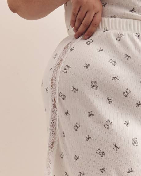 White Teddy-Print Pointelle Boxer with Lace Trim - ti Voglio
