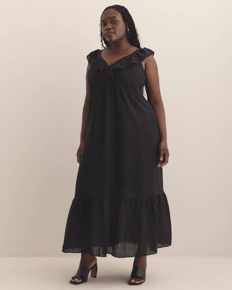 Robe étagée noire sans manches avec volants, tissu responsable
