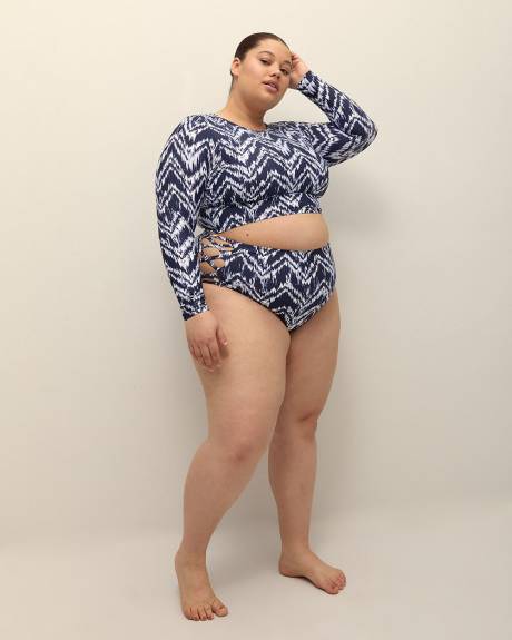 Herringbone-Print Long-Sleeve Crop Rashguard with Built-In Bra