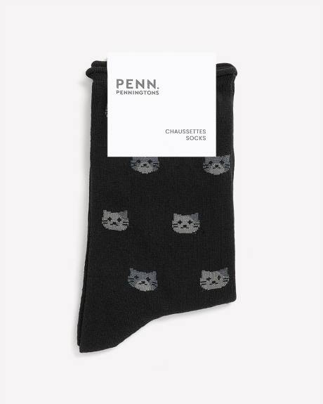 Crew Socks with Cat Print and Rolled Edge