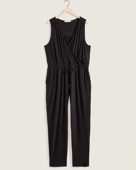 Solid Knit Sleeveless Faux Wrap Jumpsuit - In Every Story