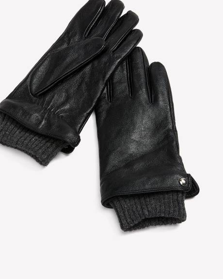 Black Leather Gloves with Knit Cuffs
