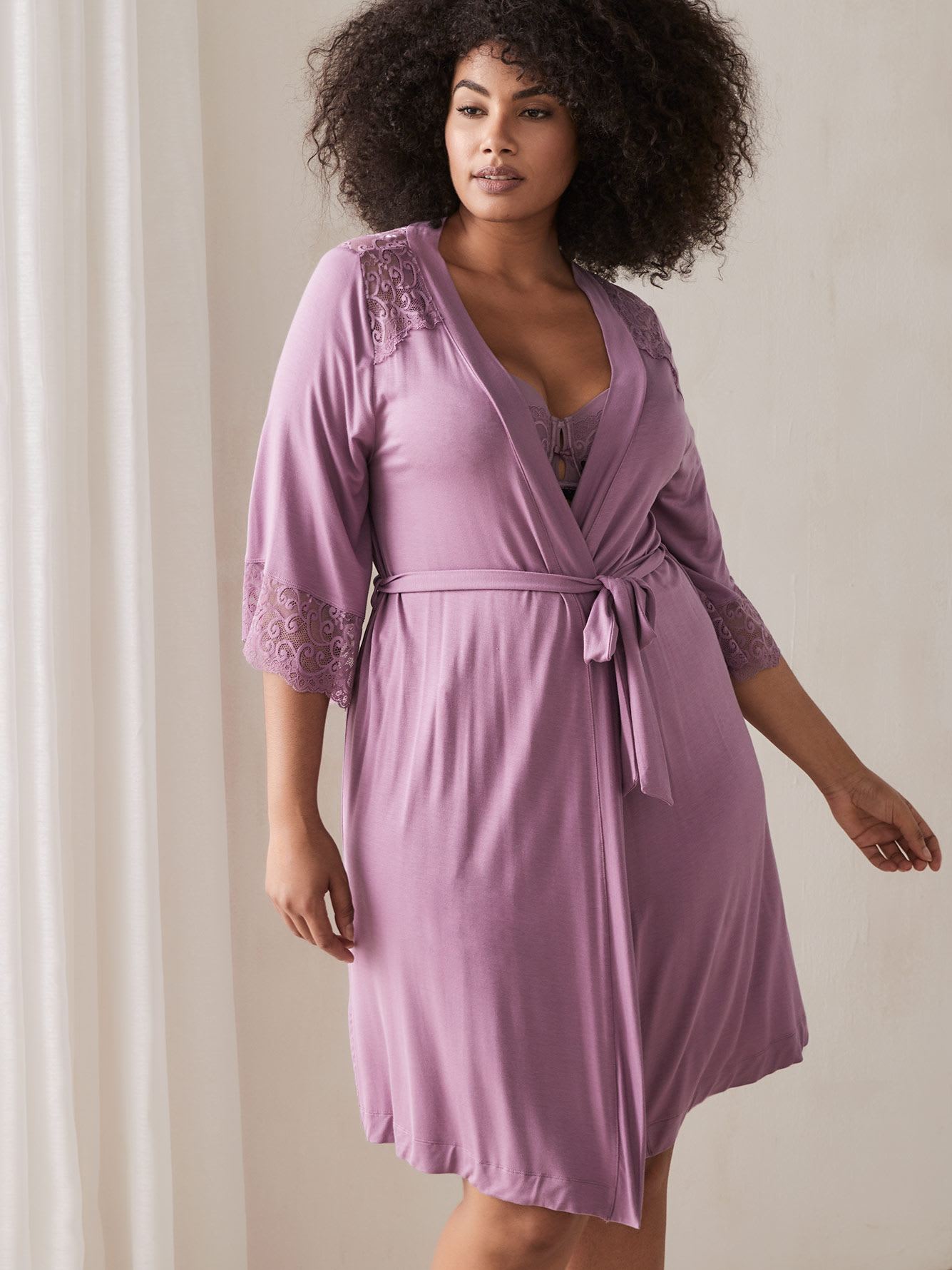 Elbow Sleeve Lounge Robe with Lace | Penningtons