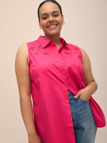 Sleeveless Buttoned-Down Tunic with Eyelet Front Yoke