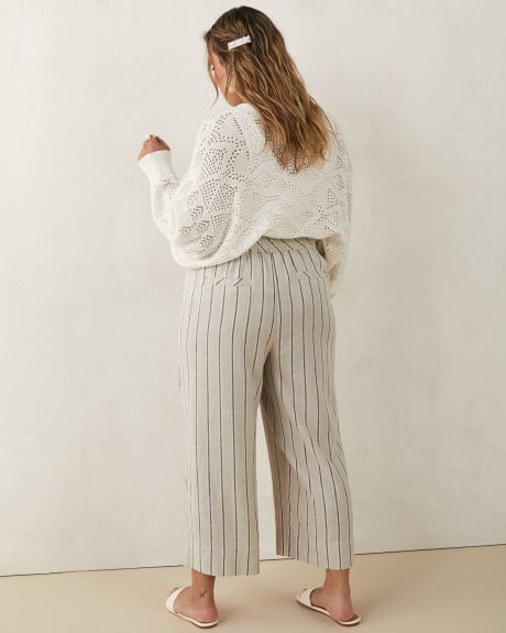 Pantalon rayé en mélange de lin à jambe courte évasée