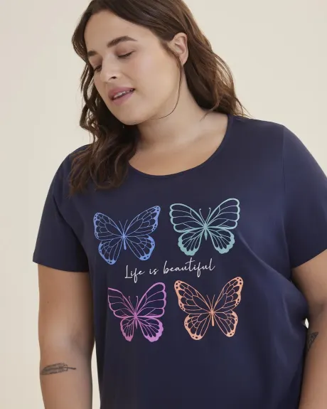 Chemise de nuit longue à manches courtes avec imprimé de papillons - ti VOGLIO