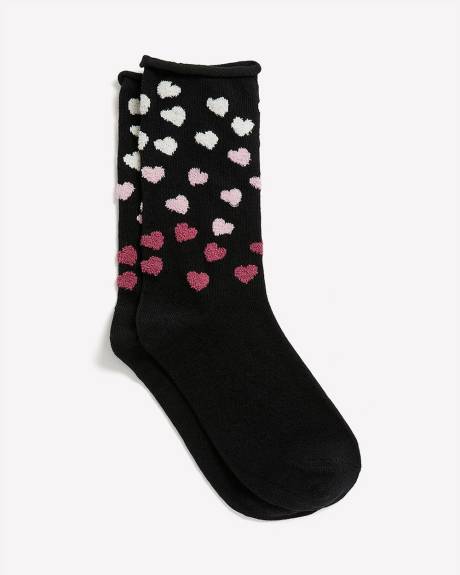 Crew Socks with Ombre Hearts Print and Rolled Edge