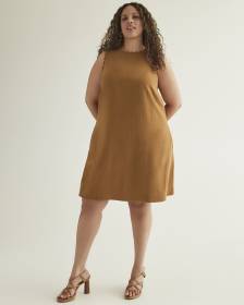 High Scalloped Crewneck A-Line Dress, Linen Blend