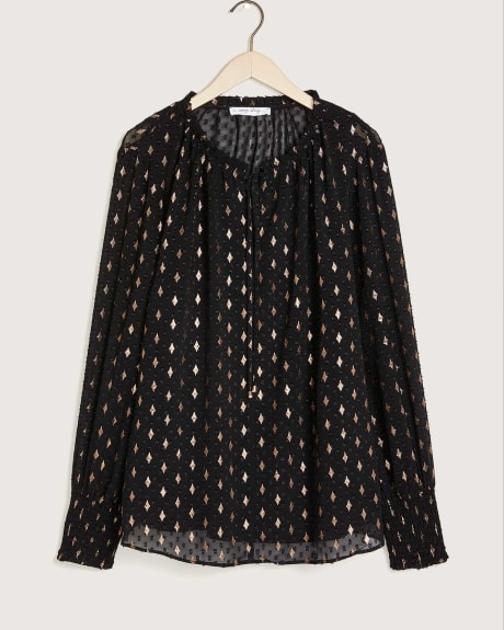 Printed Jacquard Blouse With Split Neck and Ties - In Every Story