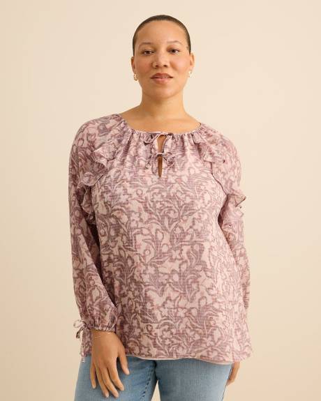 Blouse fleurie &agrave; volant avec cordon - Addition Elle