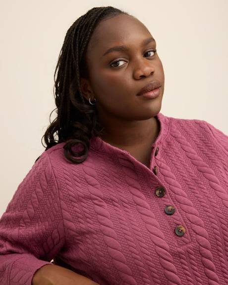 Long-Sleeve Cable Knit Buttoned Crewneck Top Long-Sleeve Cable Knit Buttoned Crewneck Top