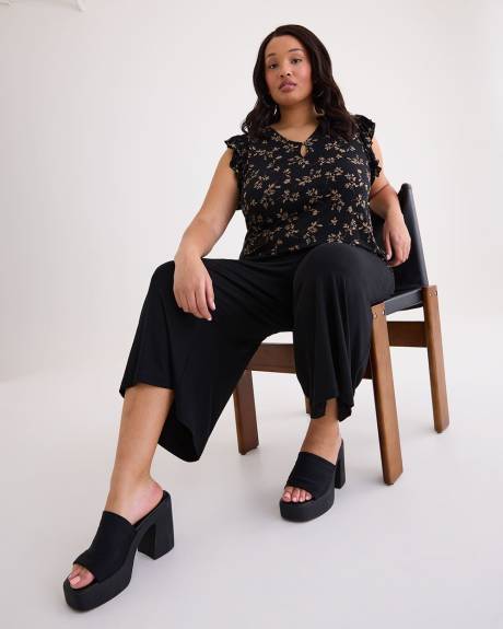 V-Neck Knit Top with Short Flutter Sleeves
