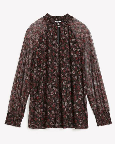 Floral Mesh Knit Top with Smocking Mock Neckline