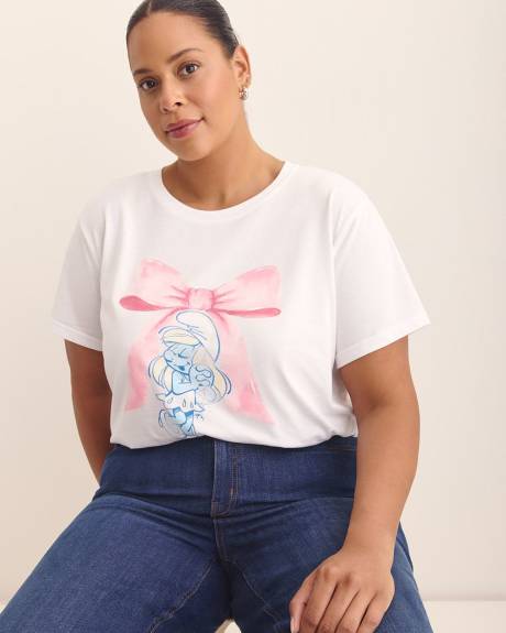 White Short-Sleeve Crewneck Tee with Smurphette Print