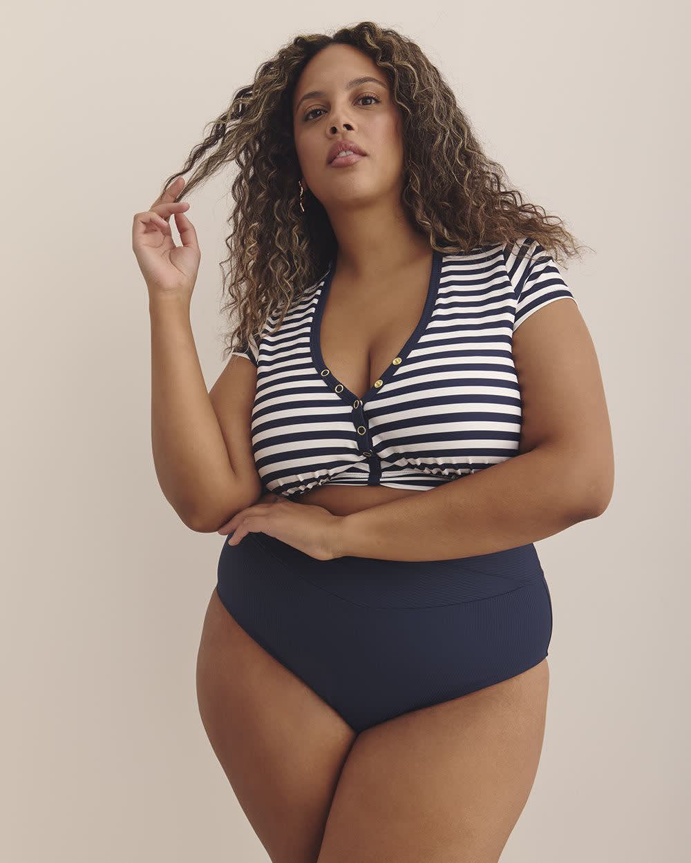 Blue Stripe Cap-Sleeve Longline Bikini Top