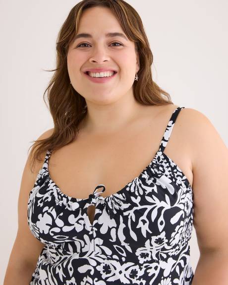 Tankini noir et blanc à motif avec encolure froncée