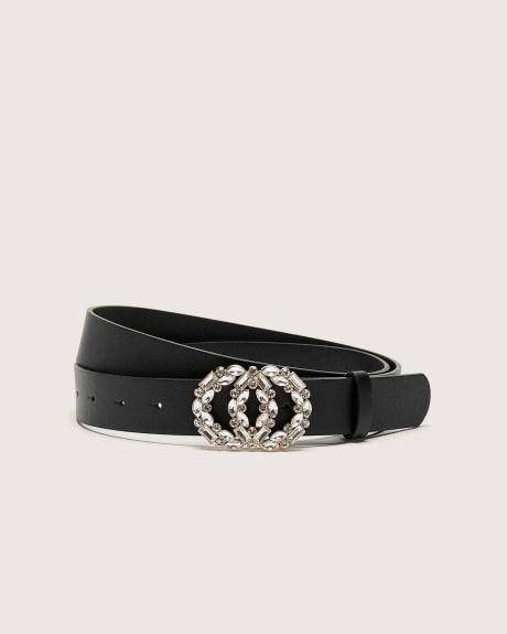 Double Buckle PU Belt With Rhinestones - In Every Story