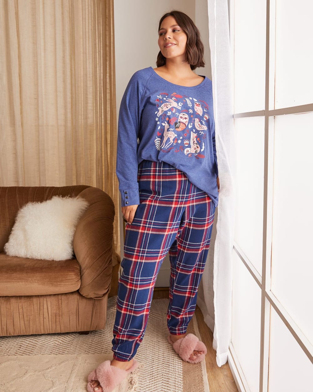 Heather Jersey Knit Top With Flannel Jogger Pant, PJ Set - tiVOGLIO