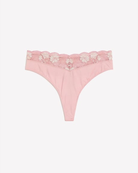 Satin Microfibre Thong with Lace Waistband - Déesse Collection