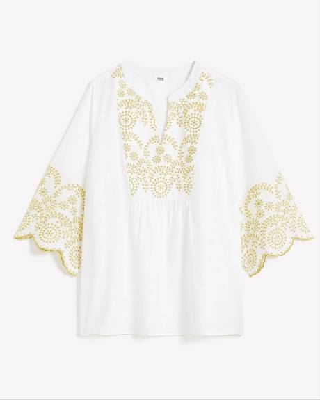 3/4-Sleeve Split-Neck Cotton Blouse with Embroidery